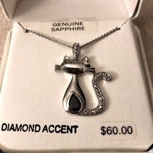 Sterling Silver Cat Pendant Genuine Sapphire with Diamond Accents